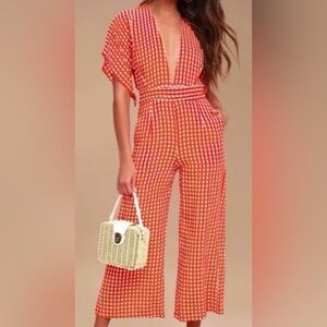 Red Gingham V-Neck Jumpsuit